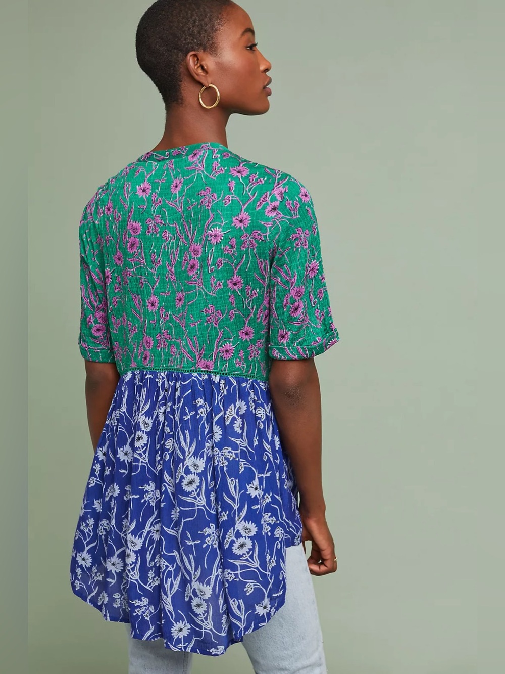 Anthropologie Akemi + Kin Veria Tunic in Green & Blue Floral Print, SZ S - Picture 3 of 10